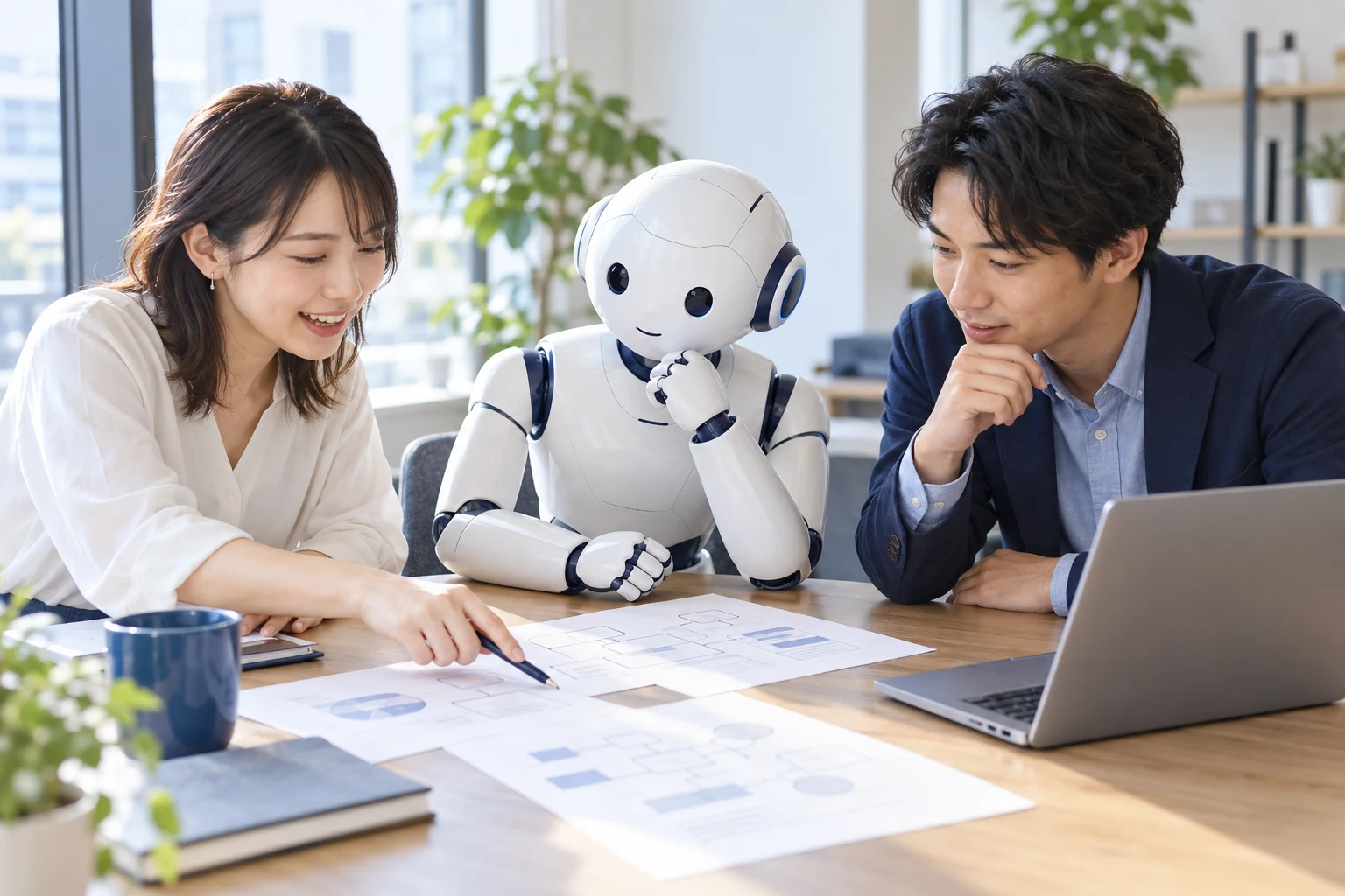 人とAIロボットが資料を囲み、開発の進め方を相談するイメージ